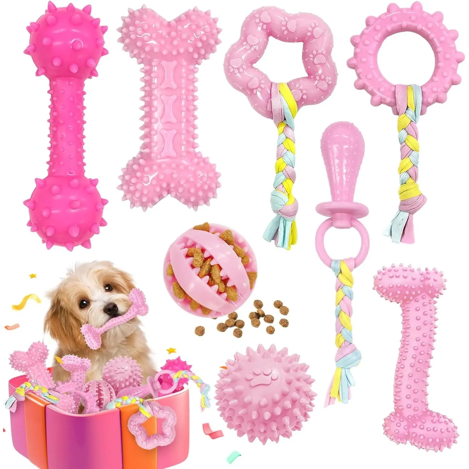 1-Pack Hand Tools Kit with 8Pcs Pink Puppy Chew-Bone Toys - Soft Durable Rubber, Teeth Care, Treat Holder, Interactive Rope Toy, Multiple Uses for Small Breeds