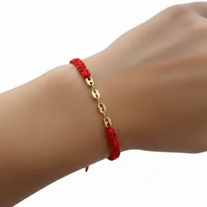 Adjustable Red Thread Woven Bracelet with Brass Chain and 18k Gold Plating