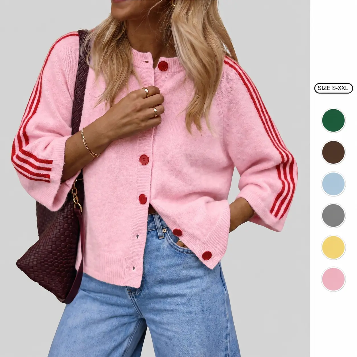 Imily Bela Women Striped 3/4 Sleeve Knit Cardigan Casual Crew Neck Button Down Cropped Sweater Jacket Y2K Fall Outfits Striped Knitted Cardigan Knitting Cardigan
