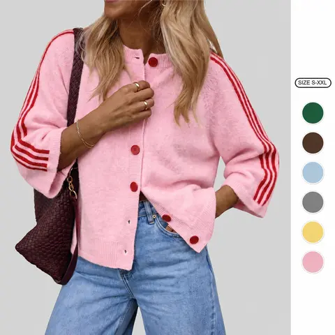 Imily Bela Women Striped 3/4 Sleeve Knit Cardigan Casual Crew Neck Button Down  Sweater Jacket Y2K Fall Outfits Striped Knitted Cardigan