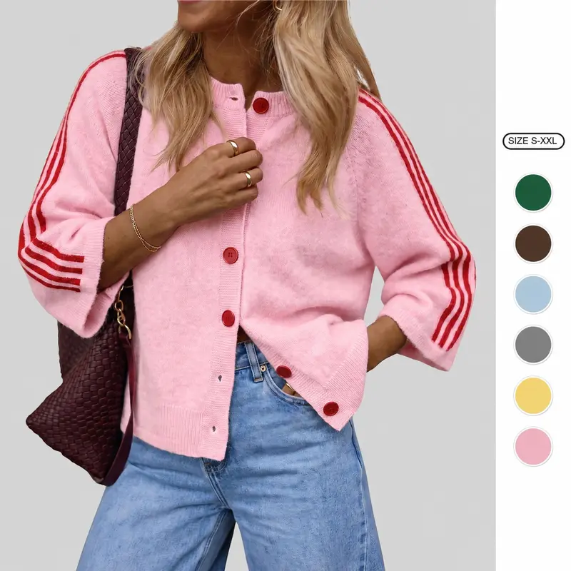 Imily Bela Women Striped 3/4 Sleeve Knit Cardigan Casual Crew Neck Button Down  Sweater Jacket Y2K Fall Outfits Striped Knitted Cardigan