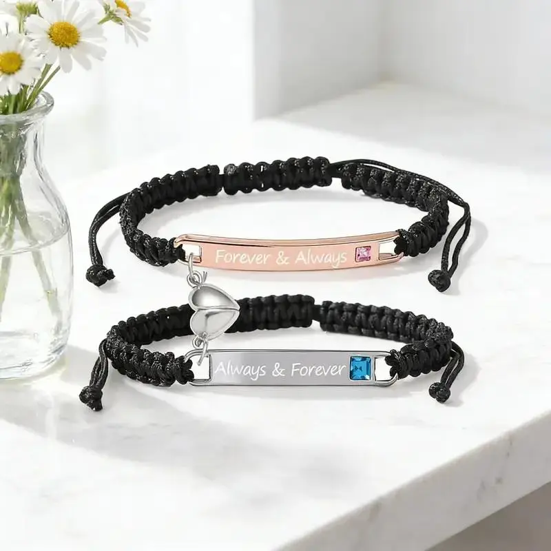 2 Pcs Couple Woven Bracelet Set Adjustable Magnetic Romantic Heart Charm Bracelets for Valentine's Day Anniversary Birthday Gift