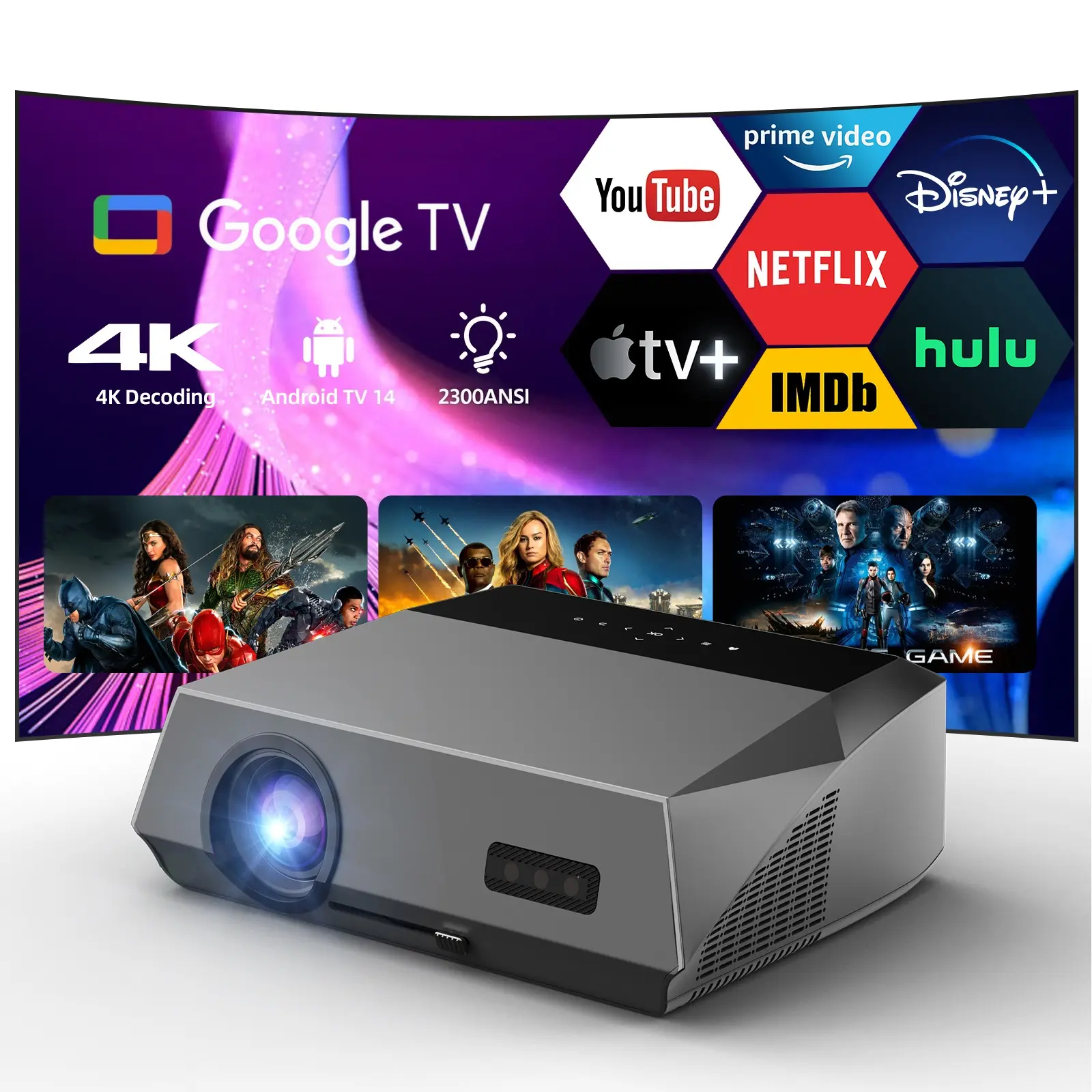 4K Smart Daytime LED Projector with Google TV, WiFi, Bluetooth, 2300ANSI Lumens, Dolby Audio, HDR10, Auto Focus, Auto Keystone, HDMI ARC 2.1 CEC, Native 1080P, Zoom, Voice Remote, Mobile Connection, Screen Compatibility for Home Theater, Sports, Office, A