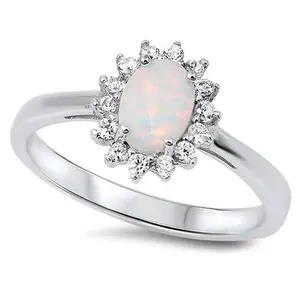 Beautiful Sterling Silver Lab White Opal with CZ Halo Ring