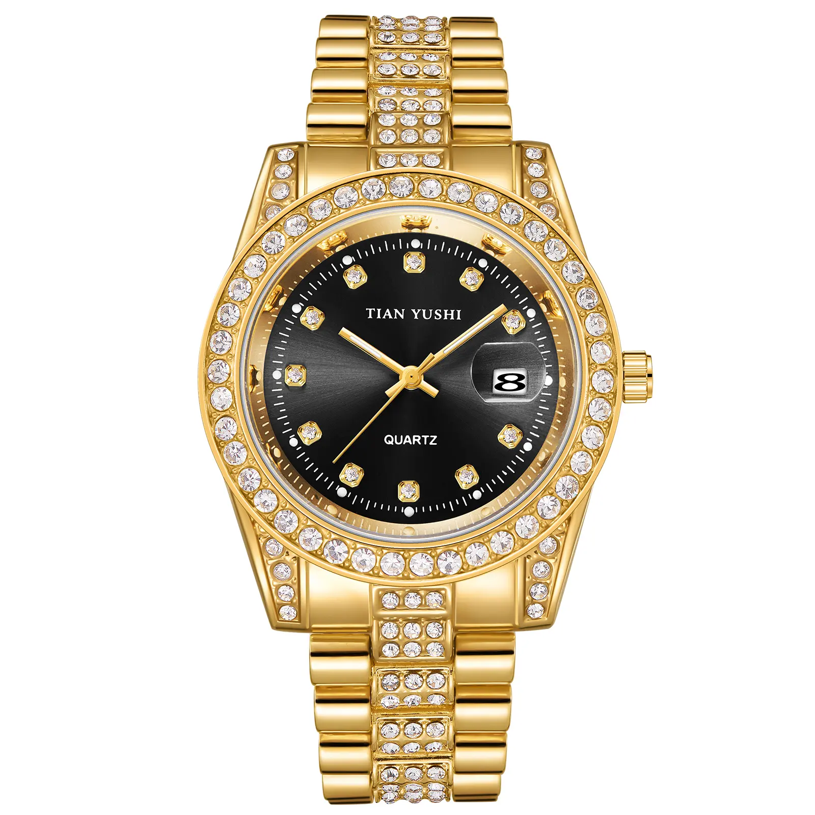 PINTIME Stylish and elegant business men's watch, hip hop large dial decoration, quartz movement, analog display, rhinestone decoration, stainless steel case, studded with star rhinestone bracelet, the best choice for gifts