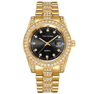 PINTIME Stylish and elegant business men's watch, hip hop large dial decoration, quartz movement, analog display, rhinestone decoration, stainless steel case, studded with star rhinestone bracelet, the best choice for gifts