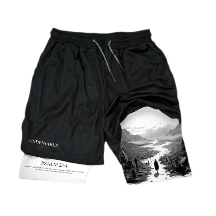 Men's Double Layer Performance Shorts with Psalm 23 Graphic - Loose-Fit Elastic Waist, Adjustable Strap, Knot Detail, Sporty Chic Athletic Wear Shorts for Fitness Workouts & Casual Use, Cooler in Hot Weather
