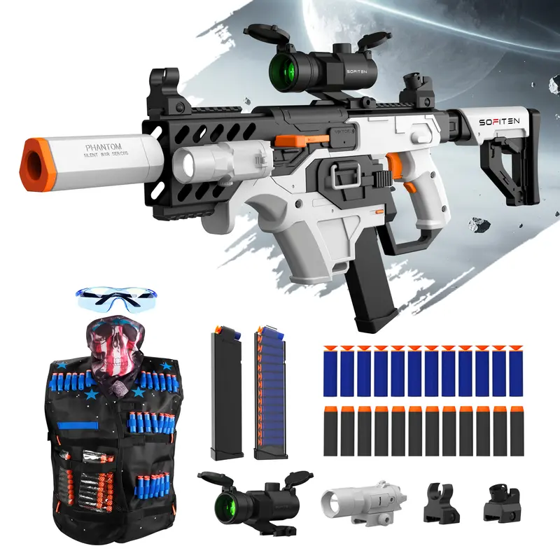 SOFITEN VIKTOR Automatic Sniper Rifle Toy Gun Set - Electric Foam Dart Blaster with Tactical Vest Kit, Scope, IR Flashlight, 120 Darts, Included Batteries, Outdoorfun Rechargeable, Sports Gift for 8+ Boys (Halloween, Birthday Kid Stuff for Boys)
