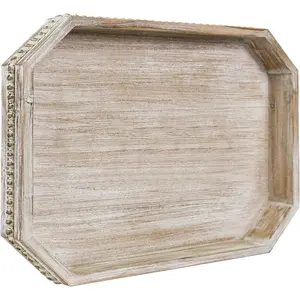 Wooden Decorative Tray, Rustic Serving Tray with Wood Bead, Farmhouse Big Tray for Ottoman, Countertop, Coffee Table, 16.5" x 13"x 1.6" (White Washed)