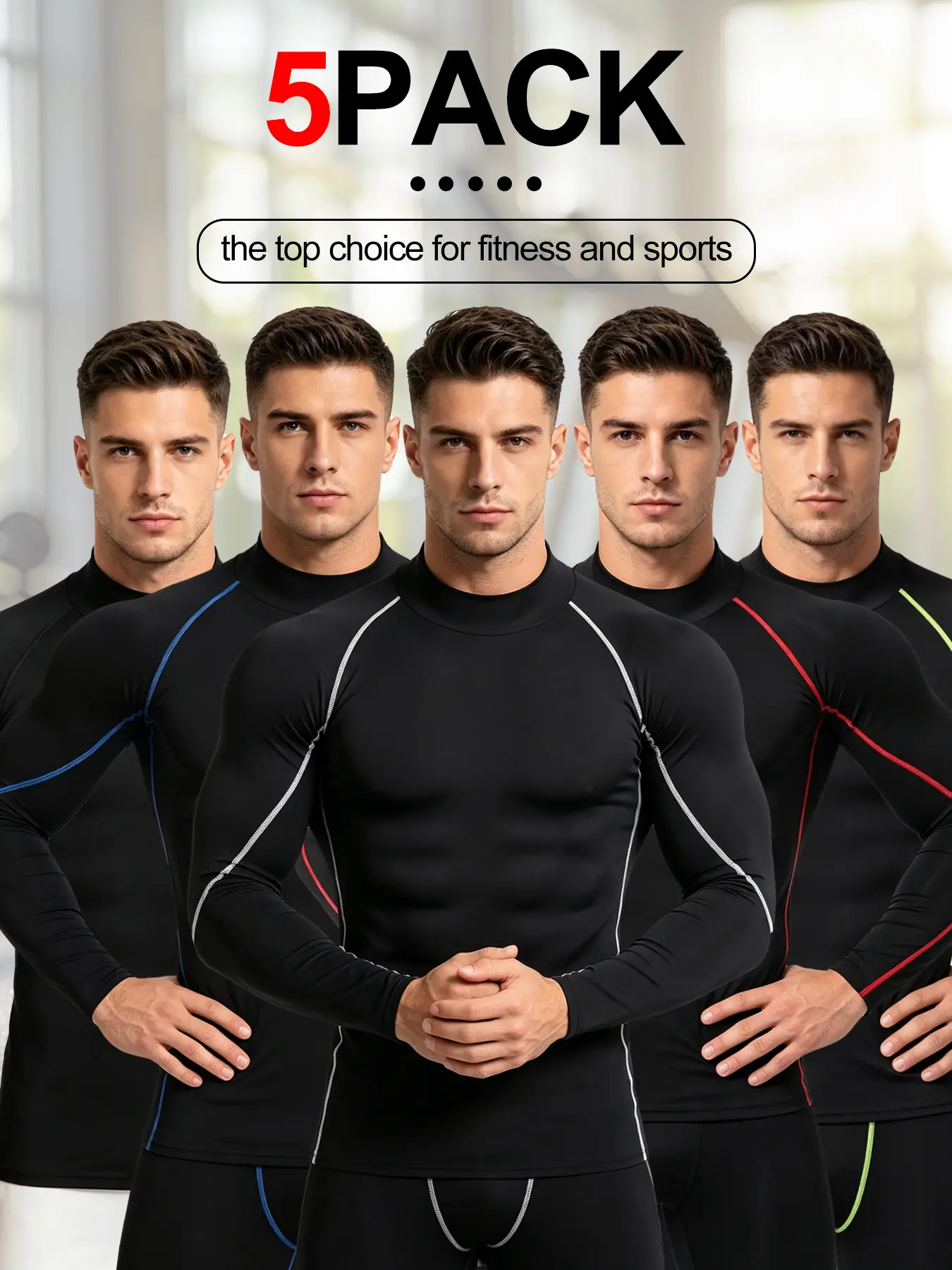 5 Pack Men Mock Neck Long Sleeve Compression Shirts, Quick Dry Stretch Athletic Base Layer Tops, Breathable Skin-Friendly Workout Tees for Gym Running Cycling Training & Outdoor Sports