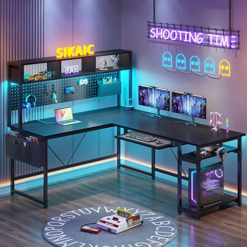 Sikaic L Shaped Reversible Gaming Desk With Power Outlets Keyboard Tray Ergonomic Modern Furniture Adjustable Dual Monitor Mount Ample Storage Space H