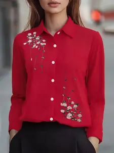 Fashionable Casual women's fitted floral embroidered long sleeve button shirt Collared Blouse Casual Button Up