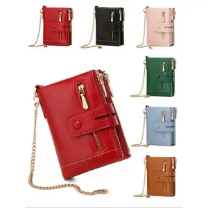 Bifold Zipper Wallet with Chain Wristlet | Solid Color PU Leather Coin Purse with Anti-Theft Design | Secure & Durable Wallet for Men & Women | Ideal for Daily Use & Travel