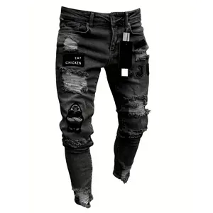 Men's Slim-Fit Ripped Jeans with Badge Detail - Stretch Denim, Machine Washable - for All Seasons, Plus Size Jeans