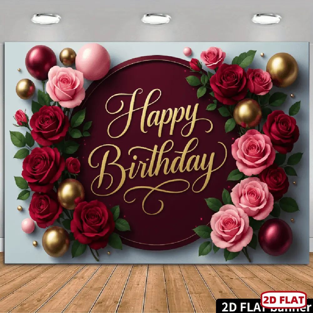 1pc 2D Flat Banner Birthday-Themed Throw, Wine Red Circular Backdrop with Golden Edges, Adorned with Golden 'Happy Birthday' Message & Pink, Deep Red Rose Balloon Clusters, Birthday-Themed Throws