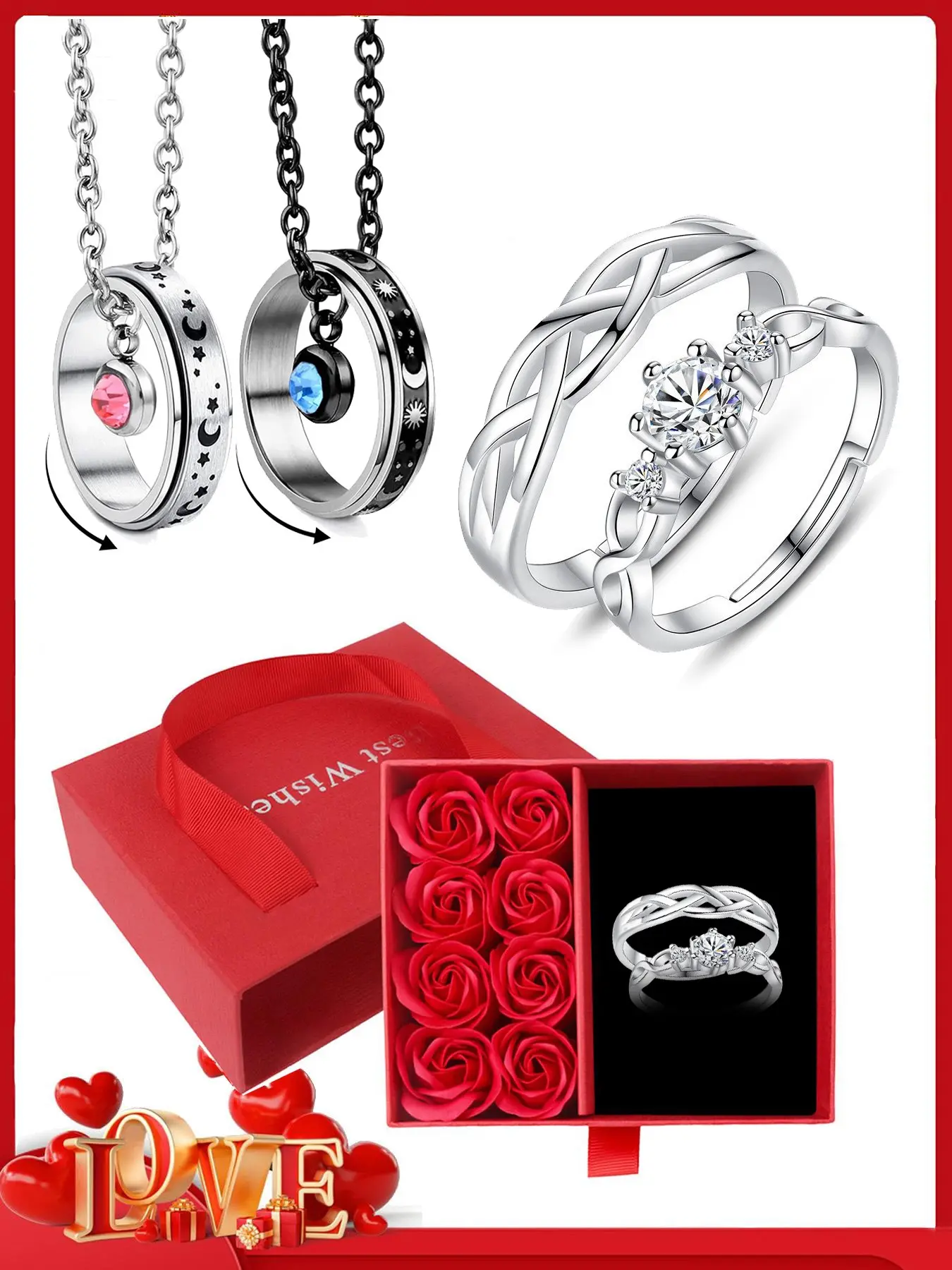 Couples' Matching Jewelry Set: Bridal wedding jewelry, Wedding Sets, Rings & Necklaces with Rose Gift Box. Unisex design, romantic Valentine's gift for him/her. Perfect for anniversaries, birthdays, holidays