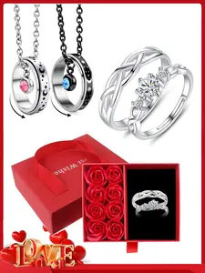 Couples' Matching Jewelry Set: Rings & Necklaces with Rose Gift Box. Symbolizes intertwined love & eternal bonds. Unisex design, romantic Valentine’s gift for him/her. Perfect for anniversaries, birthdays, holidays, graduation season.