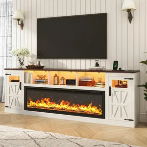 95" Farmhouse Fireplace TV Stand for 90/100"TV with 60'' Electric Fireplace, LED Large Entertainment Center with Lights & Power Outlets & 2 Barn Doors Storage Cabinet for Living Room, Brown