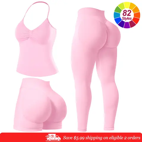 RICH BRIA Women's 2-Piece Seamless Sports Set - Halter Tank Top & High Waist Shorts, Breathable Comfortable Gym Workout Outfits, Trendy Clothing Sets for Yoga & Fitness 2 piece sets matching sets for women