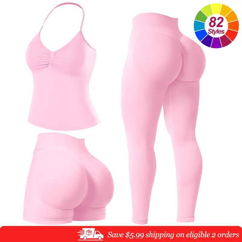 RICH BRIA Women's 2-Piece Seamless Sports Set - Halter Tank Top & High Waist Shorts, Breathable Comfortable Gym Workout Outfits, Trendy Clothing Sets for Yoga & Fitness 2 piece sets matching sets for women