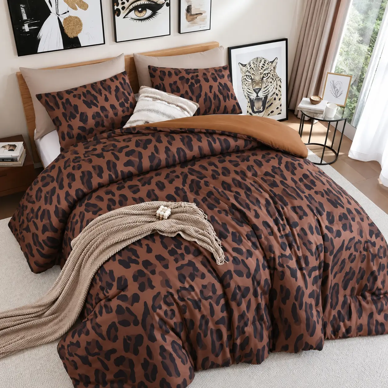 King Size Cheetah Print Comforter Set, 3 Piece Brown Leopard Animal Pattern Bedding with Soft Brushed Microfiber Comforter and 2 Pillow Shams, Lightweight All Season Bed Set, Machine Washable Modern Eclectic Bedroom Decor