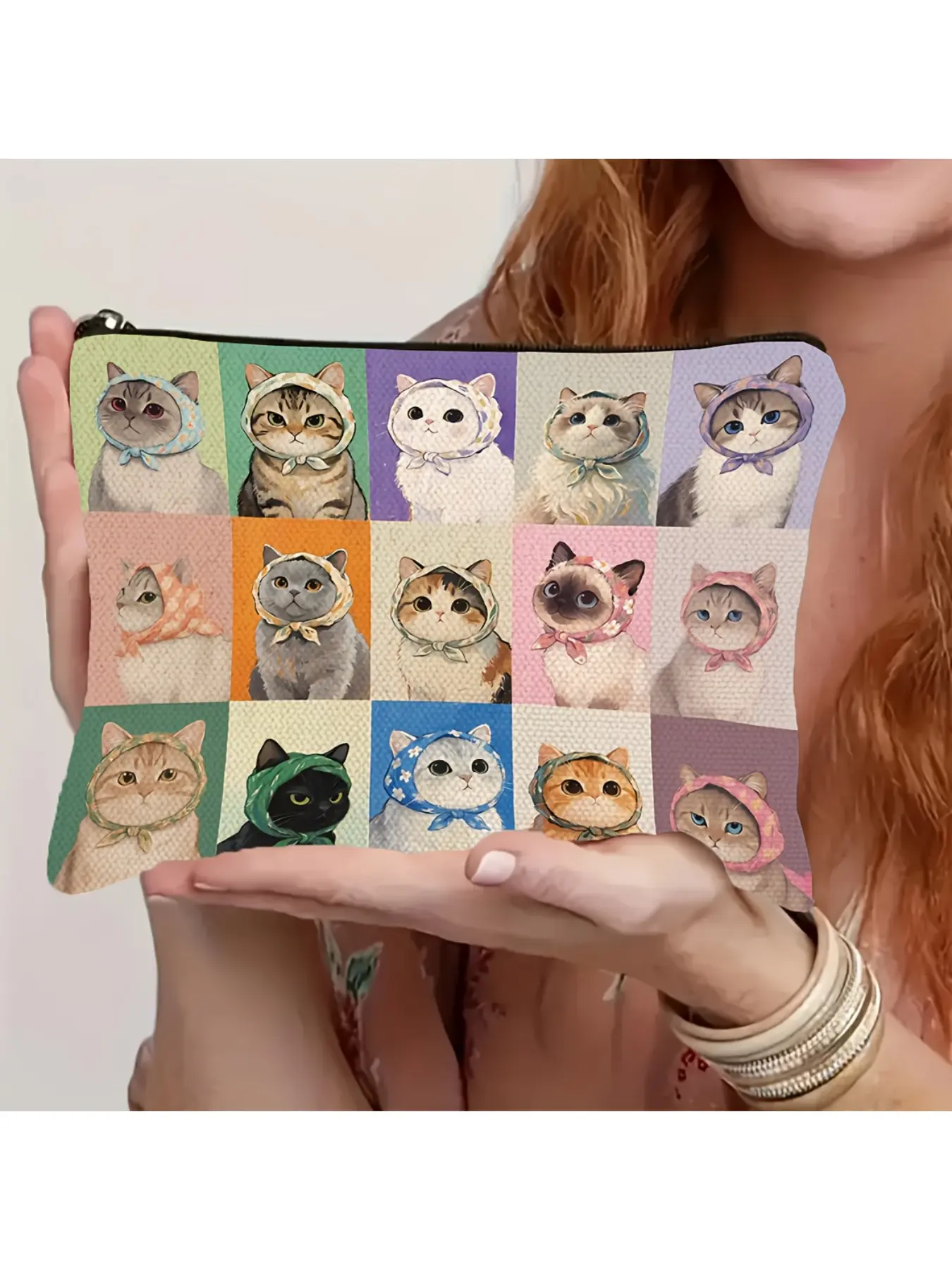 Cute Cat-Themed Headscarf Makeup Bag, Compact And Portable Travel Storage Pouch, Suitable for Hair Additions, Jewelry, And Small Items, Perfect for Daily Use, Travel, And Parties, a Great Gift for Cat-Loving Sisters, Family, And Friends