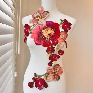 Large Red and Pink Floral Appliqué Patch: Embroidered Couture Costume (21” x 12”)