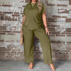 EuropeanandAmericanWomen'sClothingplusSizeSuitSpringandSummerCasualFashionroundNeckMulticolorTwo-PieceSuitSuitLooseTwoPiecePantsSet