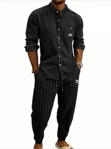 Linen Casual Men's Loose Jacquard Striped Long Sleeve Shirt Set
