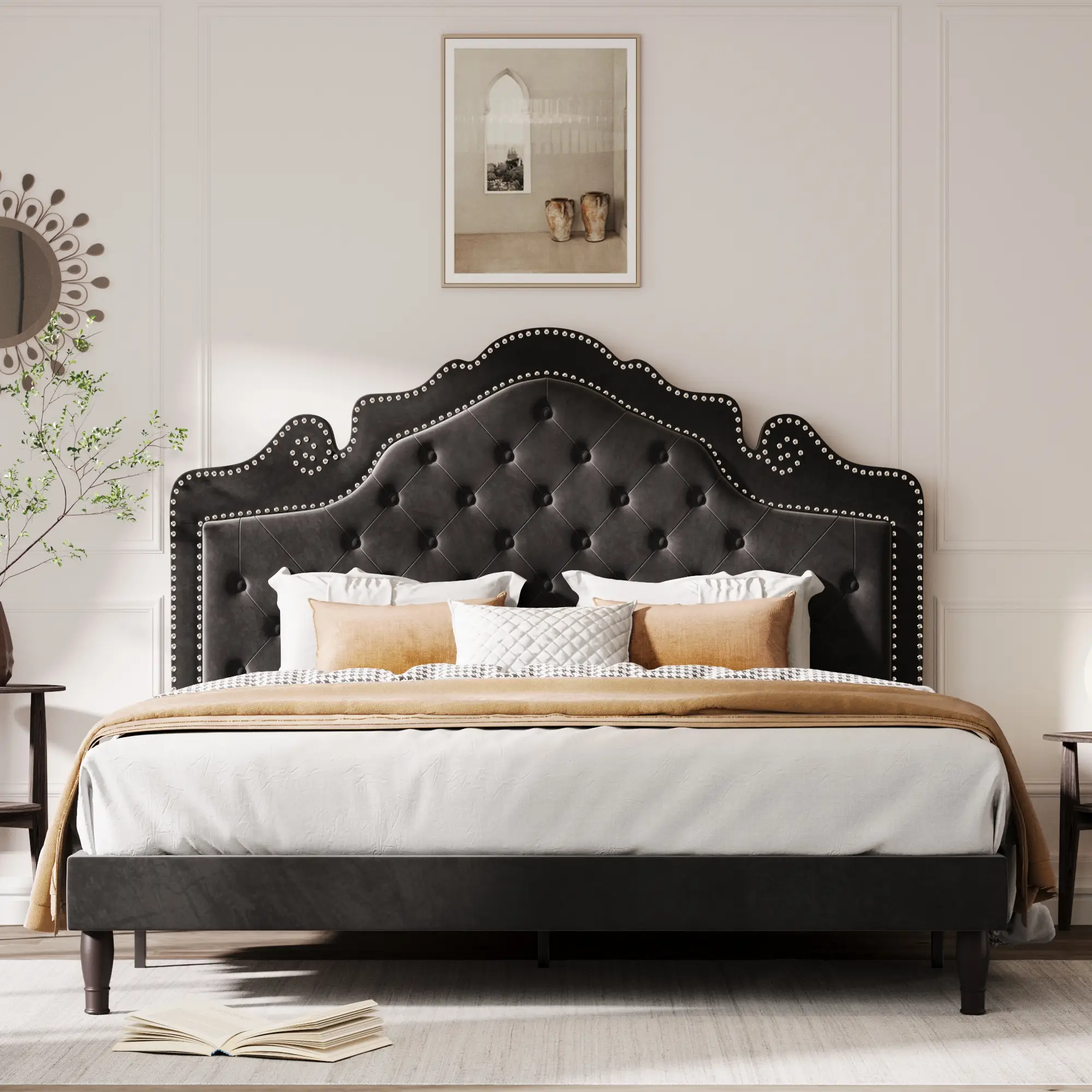 MUTICOR Full/Queen/King Bed Frame with Adjustable Velvet Tiara Headboard,【Frame Only No Mattress】 Upholstered Diamond Button Tufted Design,Wood Slats