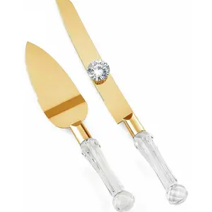wedding knife and server set gold, Gold Cake Cutter and Pie Spatula, Cake Server and Knife Set of 2 with Crystal Handles, 1.2mm Thick Blades,Cake Cutting Set for Wedding Cake, Birthdays, and Parties