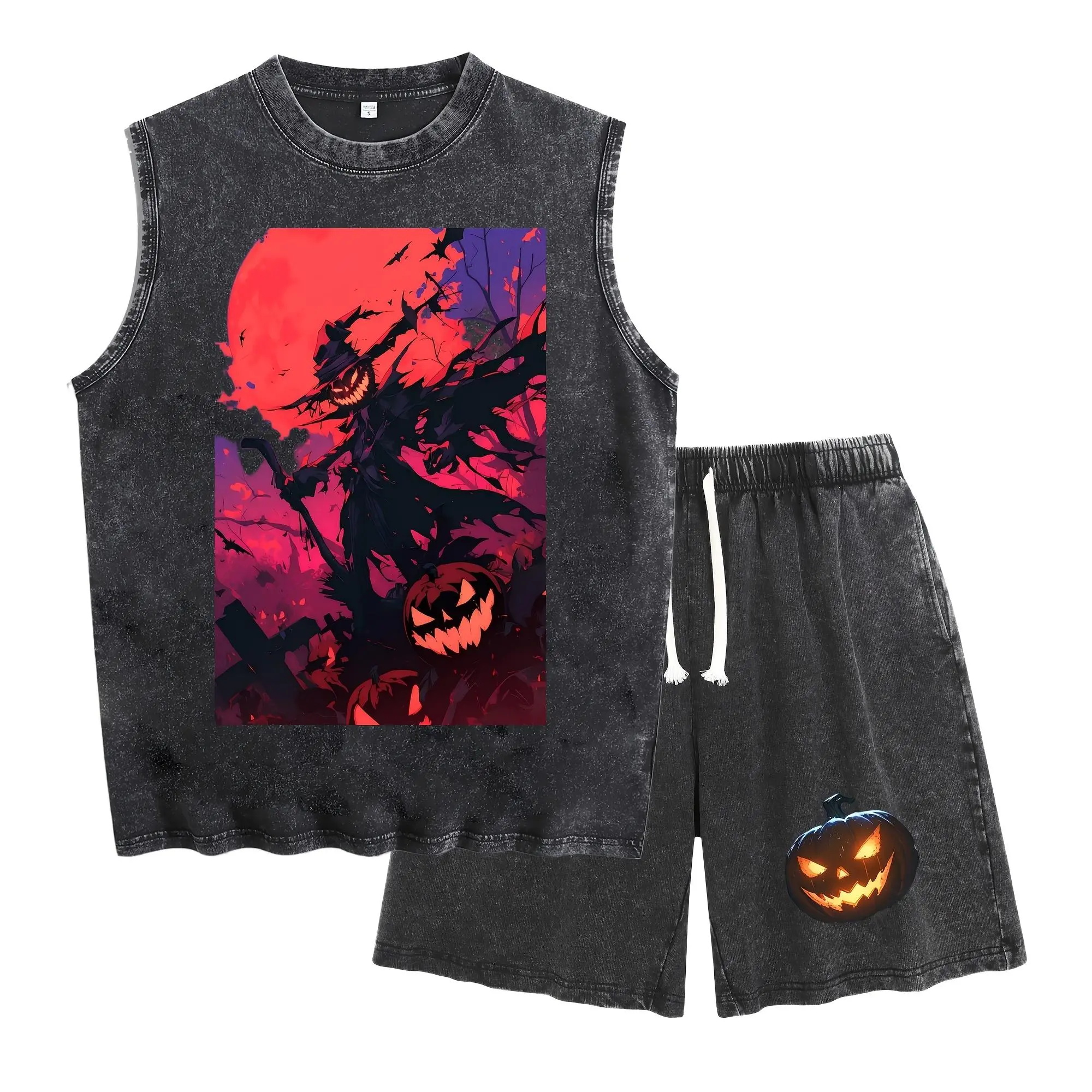 Dark Vintage Washed Sleeveless Tank & Shorts 2 Piece Set Men Blood Red Moon Scarecrow Pumpkin Graphic Gothic Halloween Loose Casual Matching Tracksuit Retro Wash Soft Streetwear For Fall Holiday