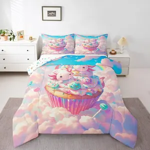 Axolotl Comforter Set,Kawaii Candy Bedding Set,Pink Cake Dessert Theme Down Comforter,Rainbow Cloud Decor Duvet Insert,Coastal Animals Duvet Set