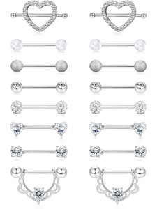 Sparkling 8 Pairs Silvery Nipple Rings Sweet Surgical Steel Piercings for Women Men Cute Heart CZ Tongue Barbell Body Piercing Shield Ring Set Septum Jewelry Nose Ring Jewelry