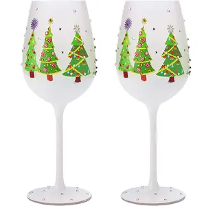 Winter Tree Design Stemmed Wine Glasses Set of 2, 17.5oz Elegant Red Green Yellow Silver Drinkware, Decorative Glassware for Party Wedding Entertaining Table Display