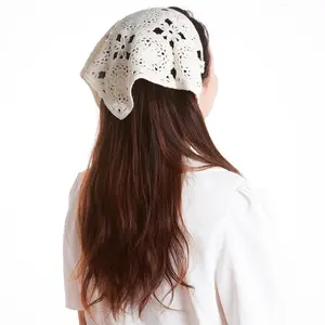 Women's Floral Crochet Head Scarf Triangle Daisy Design Breathable Versatile Retro Style Girl Accessory 1pc