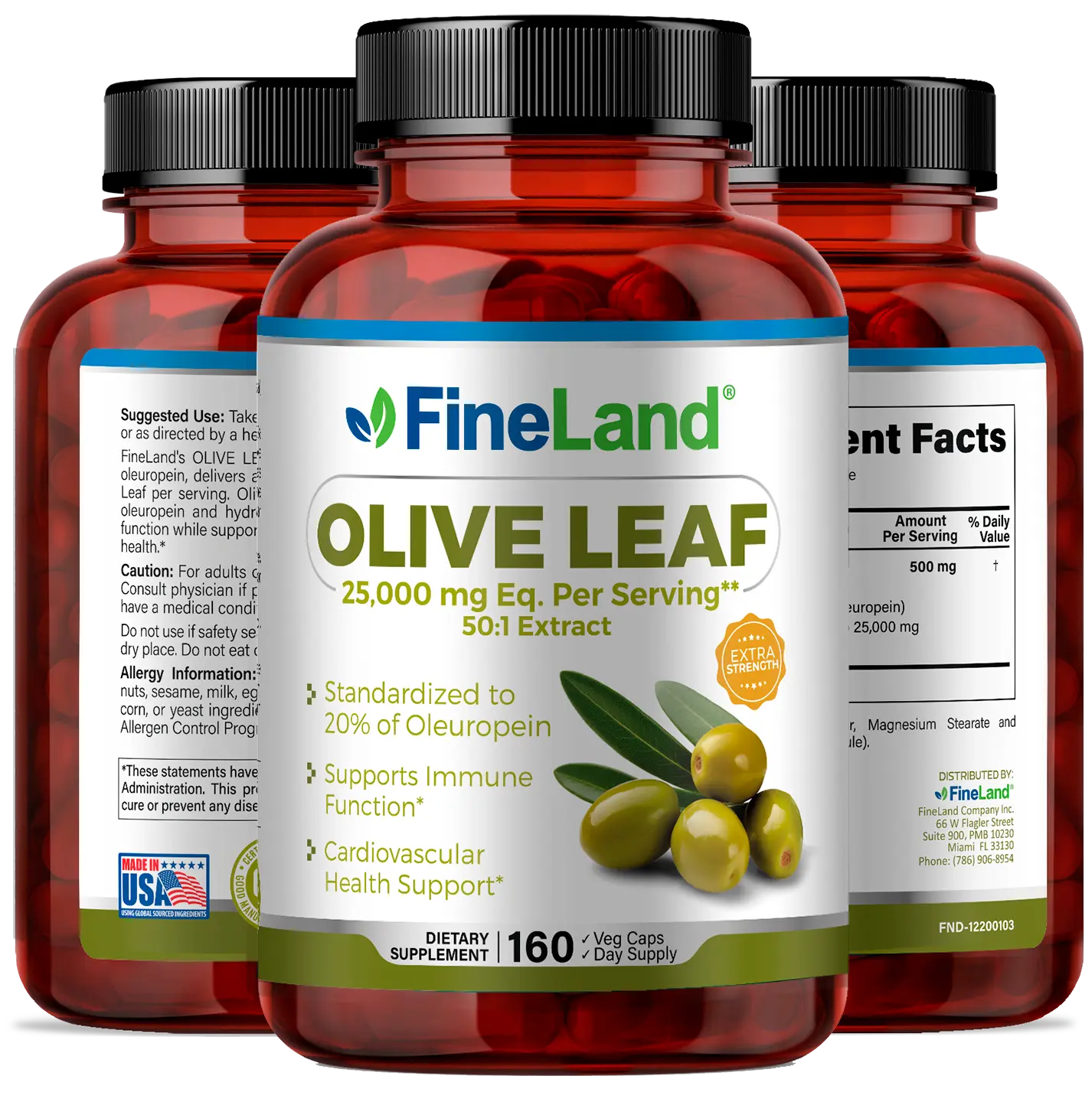 FineLand OLIVE LEAF Rich in Polyphenol & Flavonoid Antioxidants, Free Radical Scavenger, Immune, Cardiovascular Support Healthcare Supplement