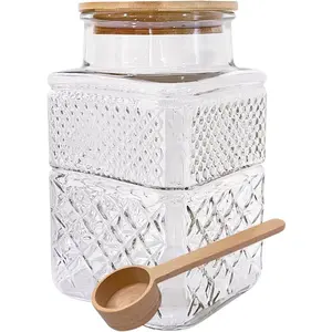 Large Glass Jar with  Lid and Spoon 60 OZ Square Thick Glass Storage Jars Airtight  Clear Decorative  Canister for  Candy Cookie Sugar Coffee Nuts Snack
