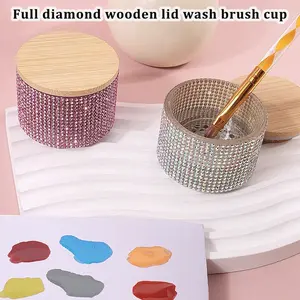 Nail art full diamond wooden lid pen cleaning cup Full diamond transparent glass cleaning container cup with lid Jewelry pen cleaning cup, manicure supplies, manicure tools, nail art tools, back to school season, manicure, manicure tools