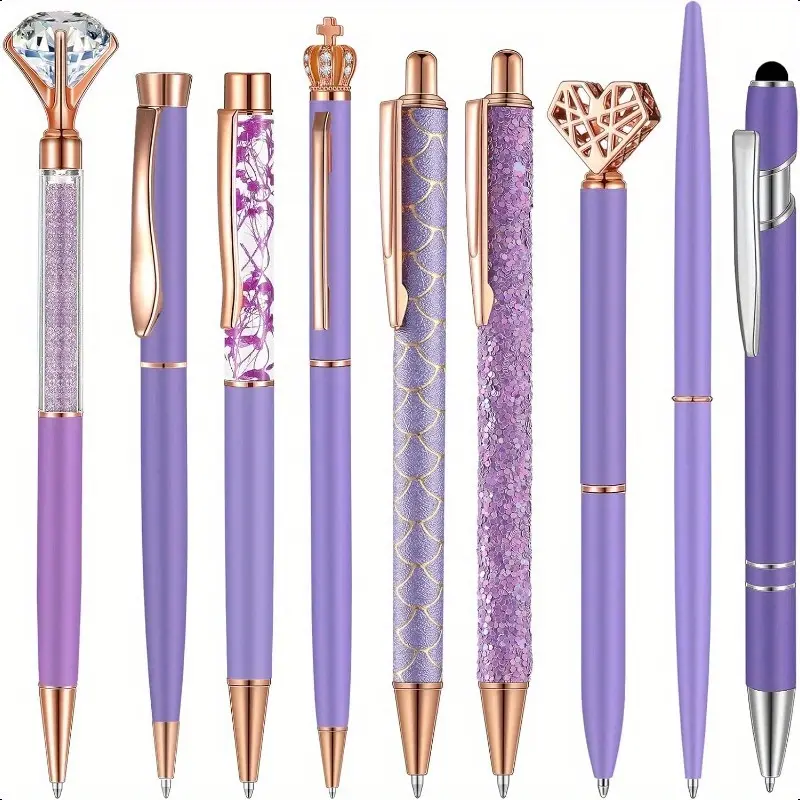 9pcs Ballpoint Pens Set Metal Crystal Diamond Glitter Metallic Sparkle Cool Pens for Journaling Black Ink Pretty Things Fancy Stationery Gifts for Women s Birthday Home Office Desk Purple Aesthetic Pens Ballpen Set