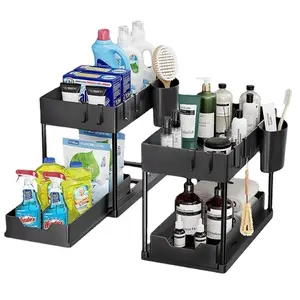 【Local Shipping】2-Pack Under Sink Organizers and Storage, 2-Tier Sliding Cabinet Basket Organizer with Hooks, Multi-Purpose for Bathroom and Kitchen Racks - Space-Saving Storage Solution