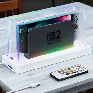 Transparent Dustproof Display Box Cover for Nintendo Switch2 Charging Base, Compatible with Assembly Shell, 16 Color LED Light Base