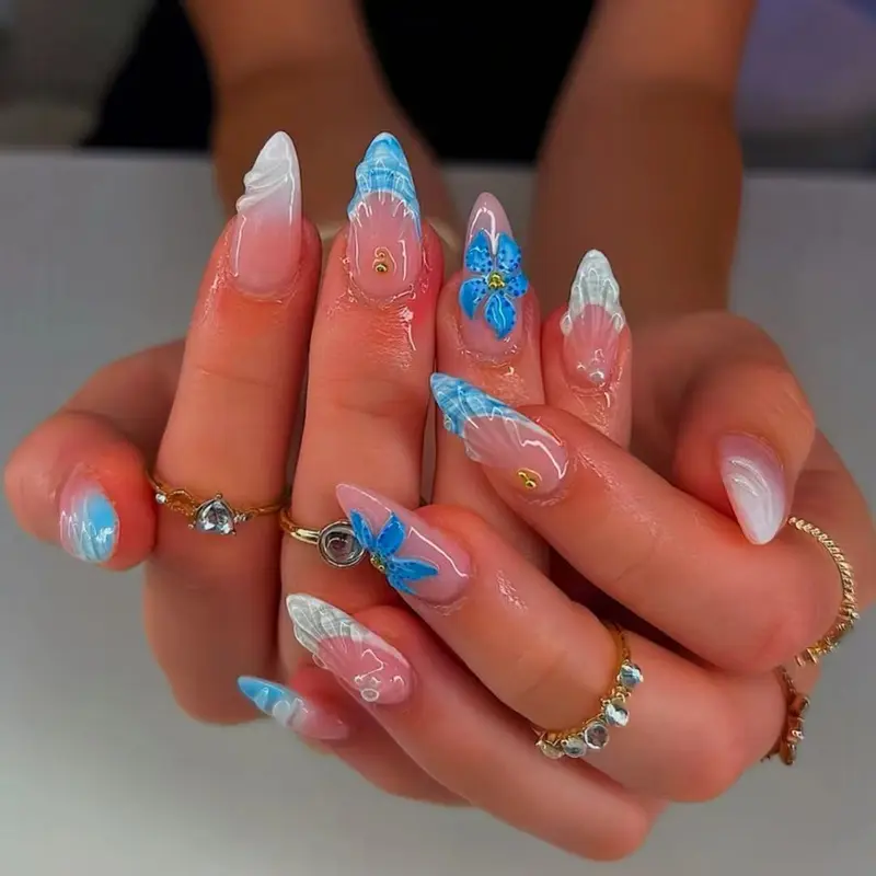 24pcs Almond Press-On Nails, Glossy Blue Gradient Design, Starfish Shell Flower Decorations, Easy Apply Nail Art Set for Women & Girls Gift