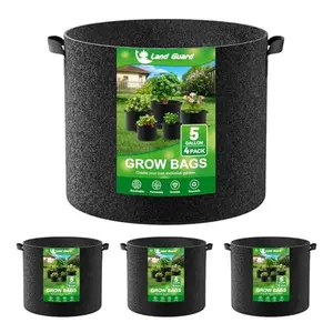 Land Guard 4-Pack Fabric Grow Bags 5 Gallon, Thickened Nonwoven Garden Pots, Growing Bags with Handles, Black
