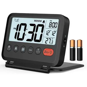 Digital Travel Alarm Clock Black 3.54 inch LCD Display 9-Minute Snooze 2 Volume Levels Backlight Battery Included