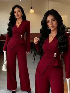 Women's Elegant Chic Suit Set, Womenswear, V Neck Waist Cinching Design, Long Sleeve, Spring Fashion, Suitable for Office and Outdoor Wear Nk-0004-509044 Elegance