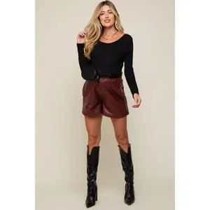 Burgundy Faux Leather Maternity Shorts