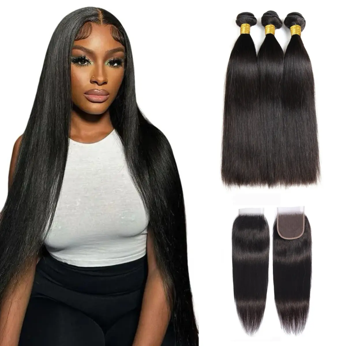 Straight hair bundles with front human hair, 10A grade Brazilian human hair, 3 bundles of hair, with 4x4 lace frontal, free parting, 100% unprocessed virgin hair straight weave