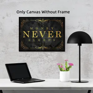 1Pc Optinal Frame Modern Luxury Golden Money Never Sleeps Canvas Posters,  Inspirational Money Wall Art, Entrepreneur Office Sign, Millionaire Poster, Aesthetic Room Decor, Artwork Wall Painting For Gift, Wall Decor For Living Room, Bedroom, Corridor