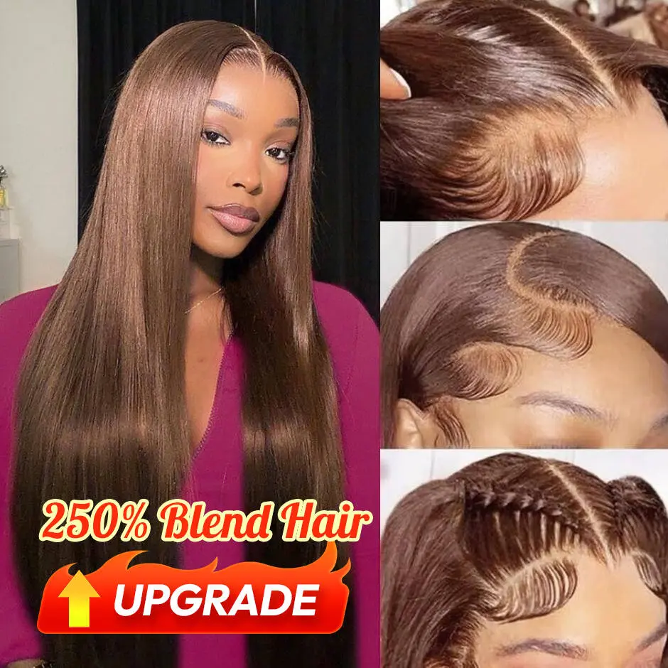 [-Blend Hair-]YAWAWE Hair 13x6 Straight Wigs Blend Human Hair Chocolate Brown Lace Front Wigs Pre Plucked Colored Reddish Brown Wig for Women
